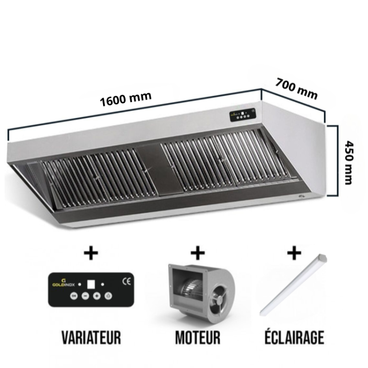 Hotte murale avec moteur 1600x700x450 mm avec variateur, éclairage, filtre et robinet de vidange PREMIUM / GOLDINOX