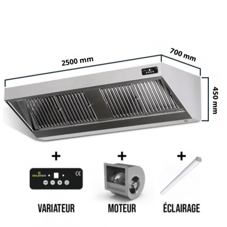 Hotte murale avec moteur 2500x700x450 mm avec variateur, éclairage, filtre et robinet de vidange PREMIUM / GOLDINOX