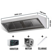 Hotte murale avec moteur 3000x700x450mm avec variateur, éclairage, filtre et robinet de vidange (Puissant) PREMIUM / GOLDINOX