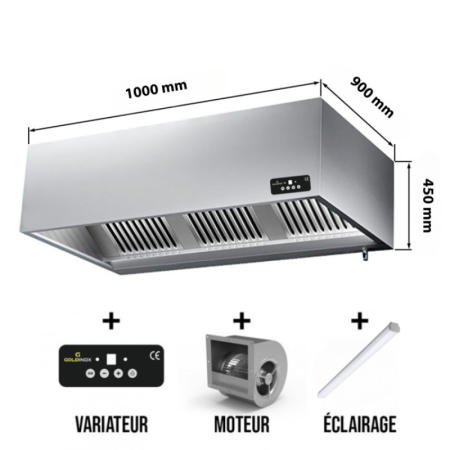 Hotte caisson avec moteur 1000x900x450 mm avec variateur, éclairage, filtre et robinet de vidange PREMIUM / GOLDINOX Hotte caisson avec moteur 1000x900x450 mm avec variateur, éclairage, filtre et robinet de vidange PREMIUM / GOLDINOX