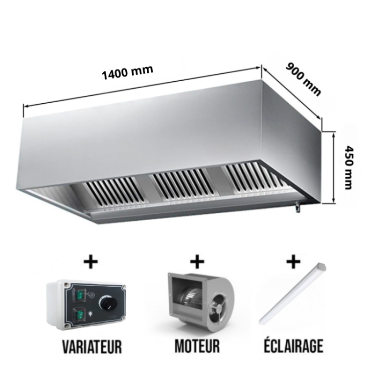 Hotte caisson avec moteur 1400x900x450 mm avec variateur, éclairage, filtre et robinet de vidange (Puissant) PREMIUM / GOLDINOX
