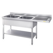 Plonge lave-vaisselle inox 2 bacs - 1800 x 600 mm égouttoir droite ECO / GOLDINOX