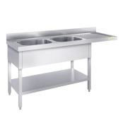Plonge lave-vaisselle inox 2 bacs - 1800 x 600 mm égouttoir droite ECO / GOLDINOX
