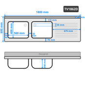 Plonge lave-vaisselle inox 2 bacs - 1800 x 600 mm égouttoir droite ECO / GOLDINOX