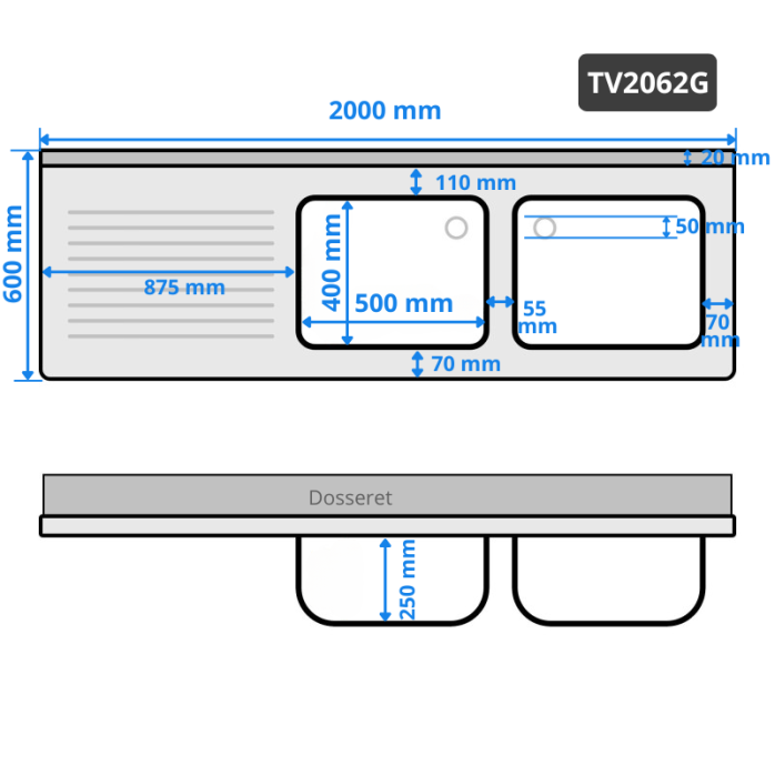 Plonge lave-vaisselle inox 2 bac 2000x600 mm avec égouttoir à gauche PREMIUM - GOLDINOX
