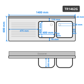 Plonge inox 1400x600 mm avec 2 bacs à droite et égouttoir à gauche IDEAL - GOLDINOX