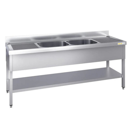 Plonge inox 1800x600mm avec 2 bacs au centre et égouttoir gauche et droite IDEAL - GOLDINOX