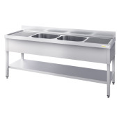 Plonge inox 1800x600mm avec 2 bacs au centre et égouttoir gauche et droite IDEAL - GOLDINOX