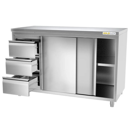 Meuble bas inox 1800 x 600 mm avec 3 tiroirs gauche / GOLDINOX