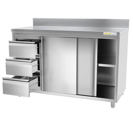 Meuble bas inox 1400 x 600 mm adossée avec 3 tiroirs gauche ECO / GOLDINOX