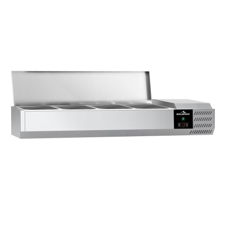Vitrine à ingrédients réfrigérée 1200x395mm (4x GN1/3) avec couvercle inox PREMIUM - GOLDINOX