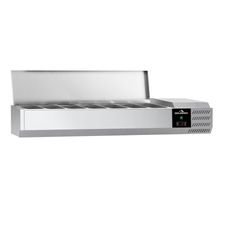 Vitrine à ingrédients réfrigérée 1600x395mm (7x GN1/3) avec couvercle inox PREMIUM - GOLDINOX