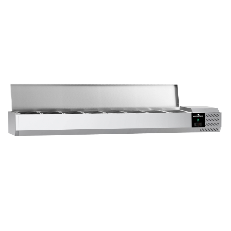Vitrine à ingrédients réfrigérée 1800x395mm (8x GN1/3) avec couvercle inox PREMIUM - GOLDINOX