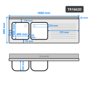 Plonge inox 2 bacs - 1600 x 600 mm égouttoir droite PREMIUM / GOLDINOX 