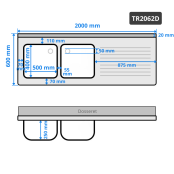 Plonge inox 2 bacs - 2000 x 700 mm égouttoir droite ECO / GOLDINOX 