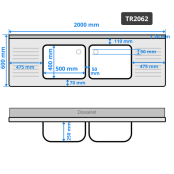 Plonge inox 2 bacs - 2000 x 600 mm égouttoir droite et gauche PREMIUM / GOLDINOX 
