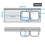 Plonge inox 2 bacs - 2000 x 600 mm égouttoir gauche ECO / GOLDINOX 