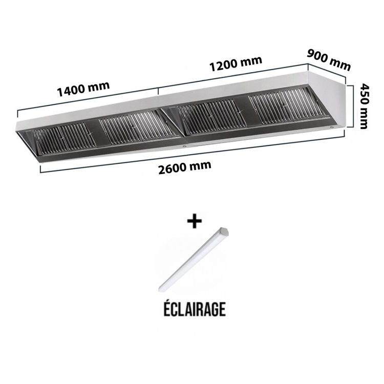Hotte murale sans moteur 2600x900x450 mm avec éclairage, filtre et robinet de vidange PREMIUM / GOLDINOX