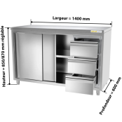 Meuble bas inox 1400x600 mm avec 3 tiroirs à droite IDEAL - GOLDINOX