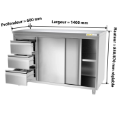 Meuble bas inox 1400 x 600 mm avec 3 tiroirs gauche PREMIUM / GOLDINOX