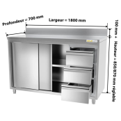 Meuble bas inox 1800 x 700 mm adossée avec 3 tiroirs droit ECO / GOLDINOX Meuble bas inox 1800 x 700 mm adossée avec 3 tiroirs droit ECO / GOLDINOX