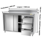 Meuble bas inox 1400 x 600 mm adossée avec 3 tiroirs droit PREMIUM / GOLDINOX