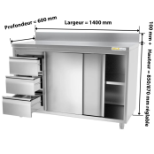 Meuble bas inox 1400 x 600 mm adossée avec 3 tiroirs gauche PREMIUM / GOLDINOX