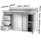 Meuble bas inox 2000 x 600 mm adossée avec 3 tiroirs gauche ECO / GOLDINOX