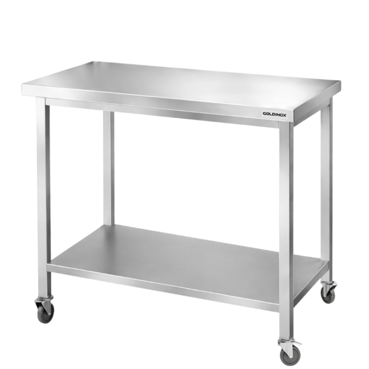 Table de travail en inox Bar 1200x600 mm avec 1 étagère inférieure sur roulettes PREMIUM - GOLDINOX