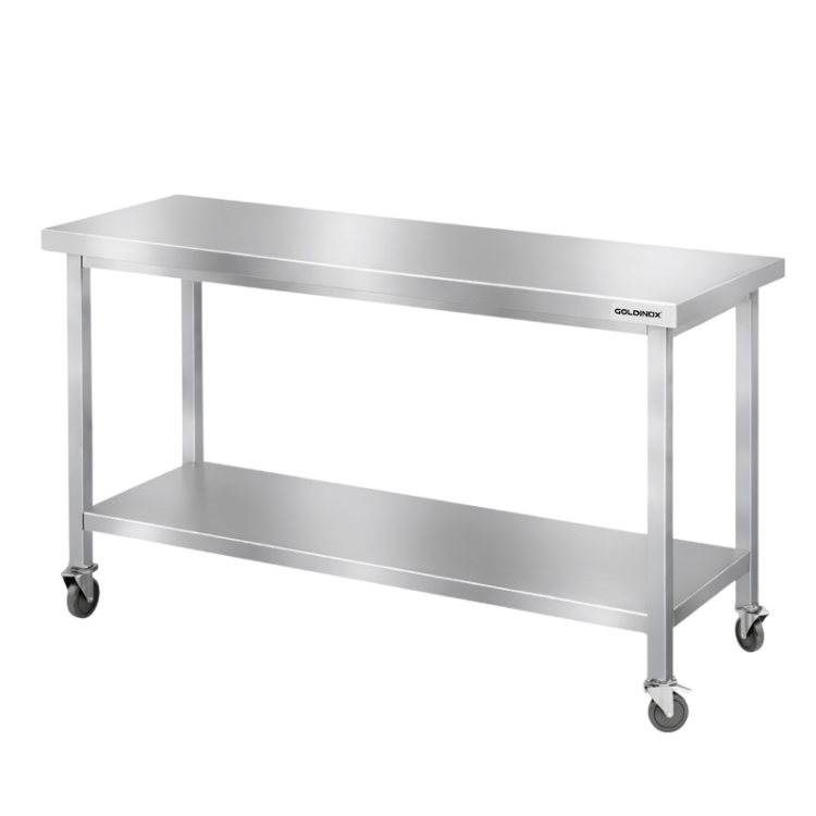 Table de travail en inox Bar 1400x500 mm avec 1 étagère inférieure sur roulettes PREMIUM - GOLDINOX