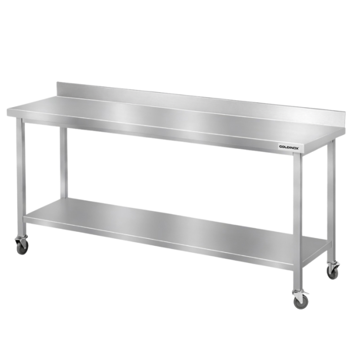 Table de travail en inox Bar 1800x700 mm avec 1 étagère inférieure et dosseret sur roulettes PREMIUM - GOLDINOX