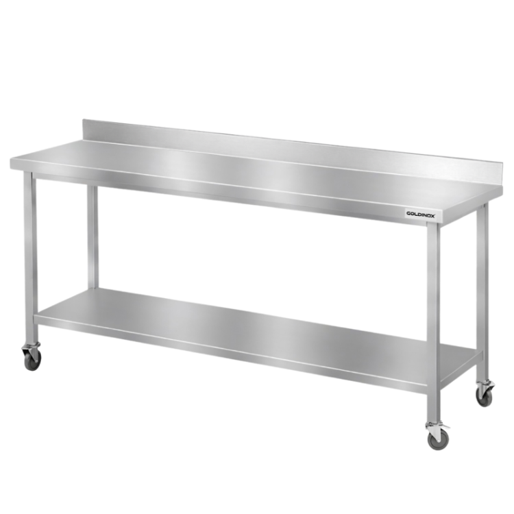 Table de travail en inox Bar 2000x500 mm avec 1 étagère inférieure et dosseret sur roulettes PREMIUM - GOLDINOX