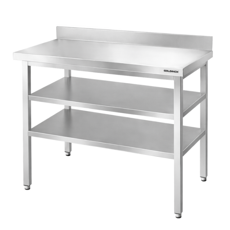 Table de travail en inox Bar 1000x700 mm avec 2 étagères inférieures et dosseret PREMIUM - GOLDINOX