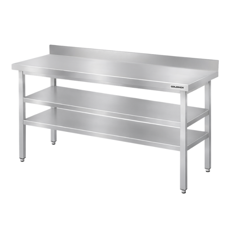 Table de travail en inox Bar 1500x600 mm avec 2 étagères inférieures et dosseret PREMIUM - GOLDINOX