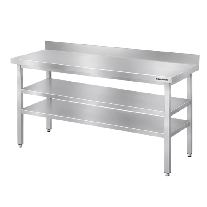 Table de travail en inox Bar 1500x700 mm avec 2 étagères inférieures et dosseret PREMIUM - GOLDINOX