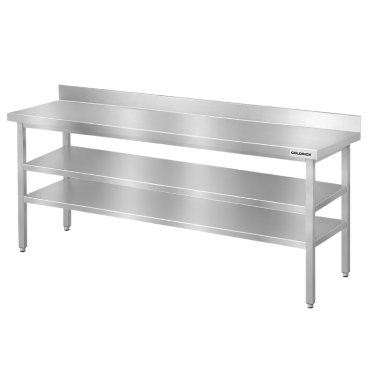 Table de travail en inox Bar 2000x800 mm avec 2 étagères inférieures et dosseret PREMIUM - GOLDINOX