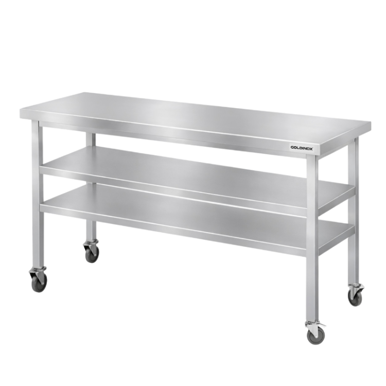Table de travail en inox Bar 1600x500 mm avec 2 étagères inférieures sur roulettes PREMIUM - GOLDINOX