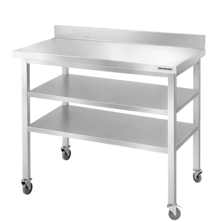 Table de travail en inox Bar 1000x500 mm avec 2 étagères inférieures et dosseret sur roulettes PREMIUM - GOLDINOX