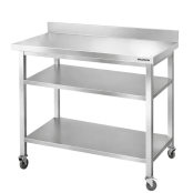 Table de travail en inox Bar 1000x700 mm avec 2 étagères inférieures et dosseret sur roulettes PREMIUM - GOLDINOX