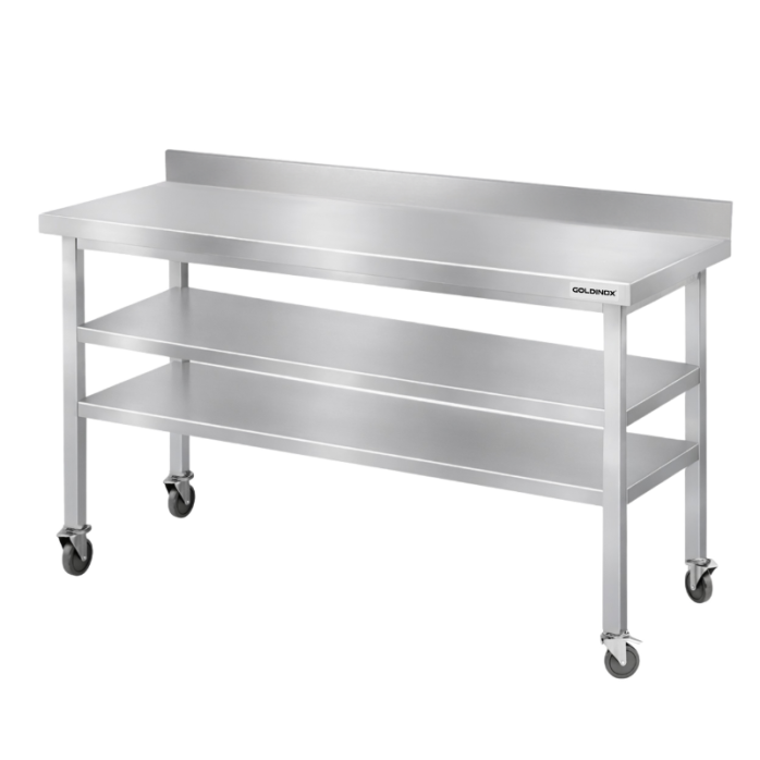 Table de travail en inox Bar 1400x800 mm avec 2 étagères inférieures et dosseret sur roulettes PREMIUM - GOLDINOX