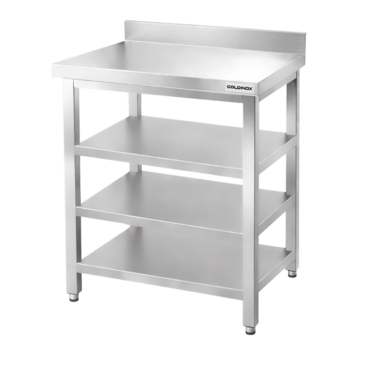 Table de travail en inox Bar 800x800 mm avec 3 étagères inférieures et dosseret PREMIUM - GOLDINOX