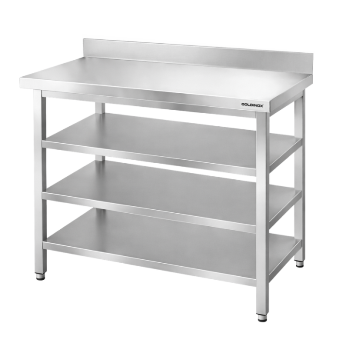 Table de travail en inox Bar 1200x600 mm avec 3 étagères inférieures et dosseret PREMIUM - GOLDINOX