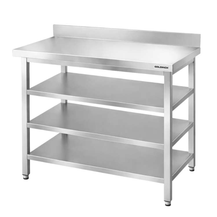 Table de travail en inox Bar 1200x800 mm avec 3 étagères inférieures et dosseret PREMIUM - GOLDINOX