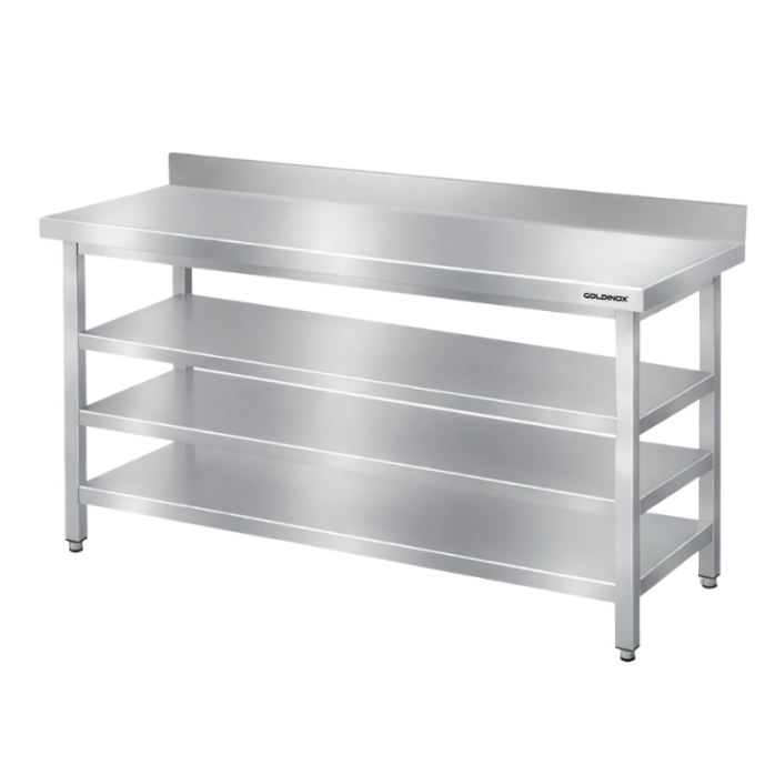 Table de travail en inox Bar 1500x600 mm avec 3 étagères inférieures et dosseret PREMIUM - GOLDINOX