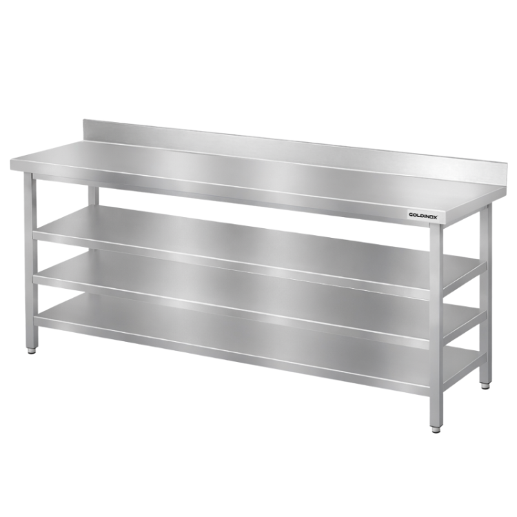 Table de travail en inox Bar 2000x700 mm avec 3 étagères inférieures et dosseret PREMIUM - GOLDINOX