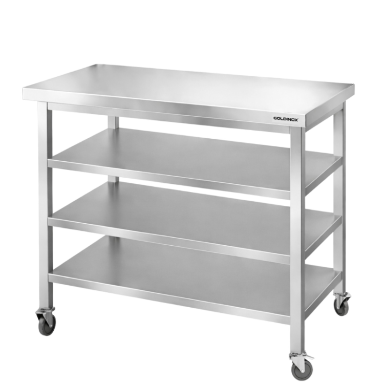 Table de travail en inox Bar 1200x800 mm avec 3 étagères inférieures sur roulettes PREMIUM - GOLDINOX