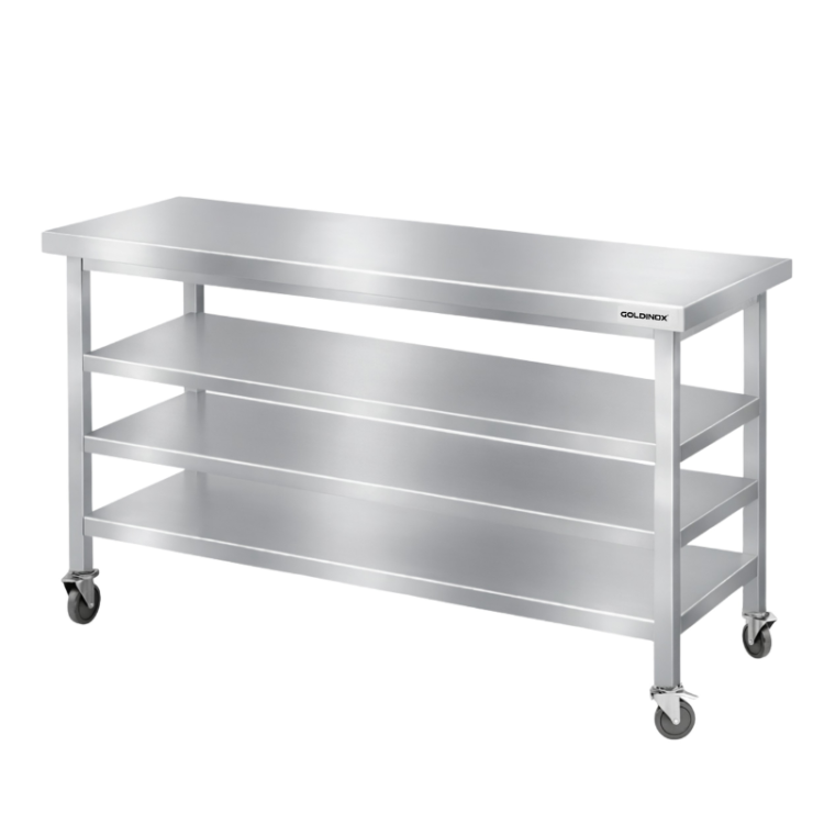 Table de travail en inox Bar 1500x500 mm avec 3 étagères inférieures sur roulettes PREMIUM - GOLDINOX