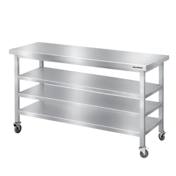 Table de travail en inox Bar 1600x800 mm avec 3 étagères inférieures sur roulettes PREMIUM - GOLDINOX