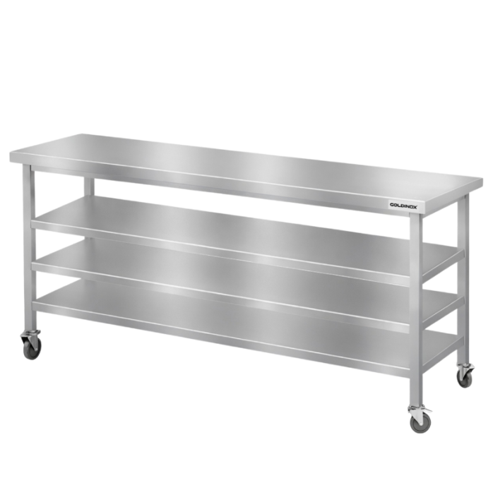 Table de travail en inox Bar 2000x600 mm avec 3 étagères inférieures sur roulettes PREMIUM - GOLDINOX