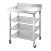 Table de travail en inox Bar 500x500 mm avec 3 étagères inférieures et dosseret sur roulettes PREMIUM - GOLDINOX